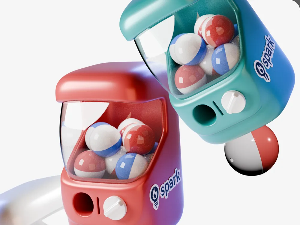Capsule — gachapon machines rendered in 3D, capsule toys spilling out of them