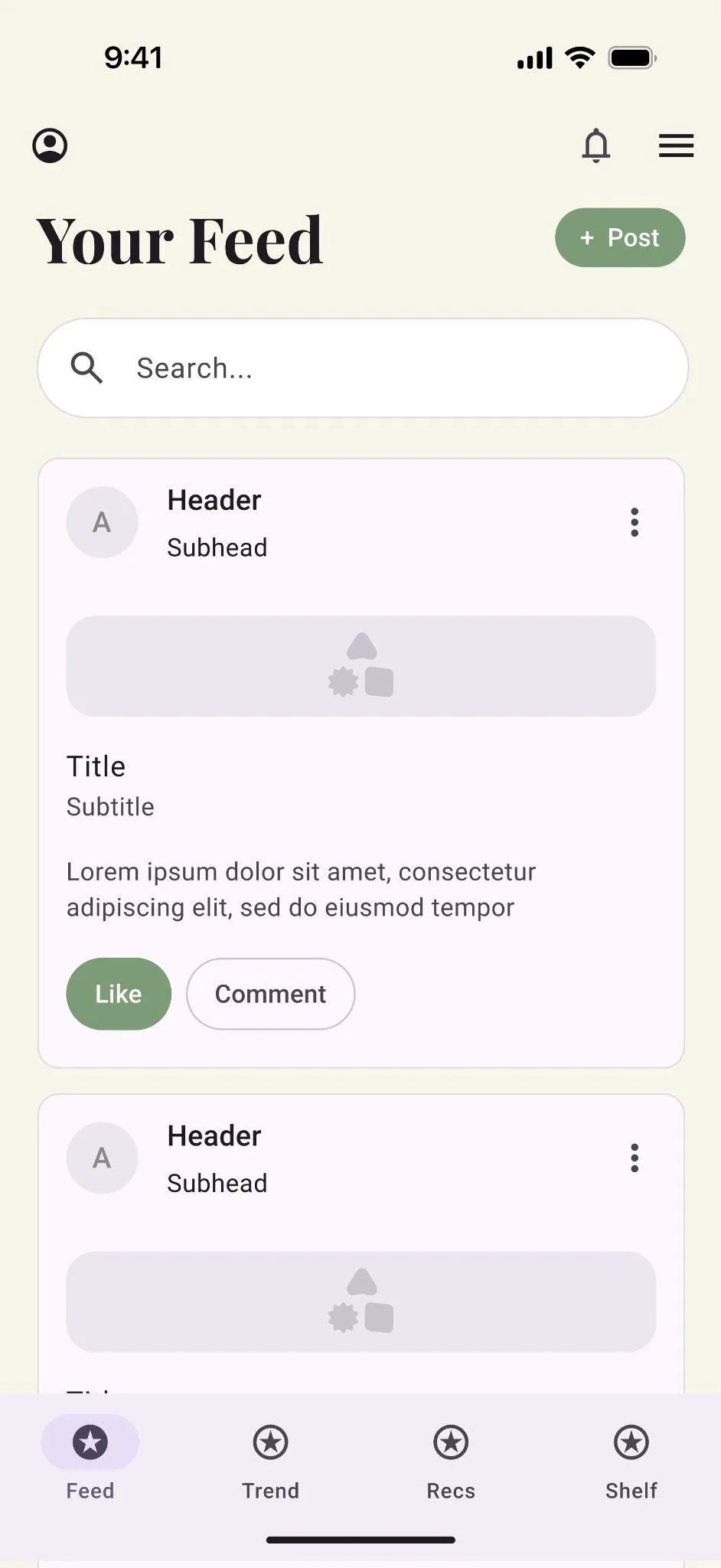 Feed wireframe with search bar