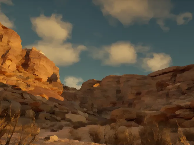 Passenger — a canyon rendered with an anisotropic Kuwahara painterly shader