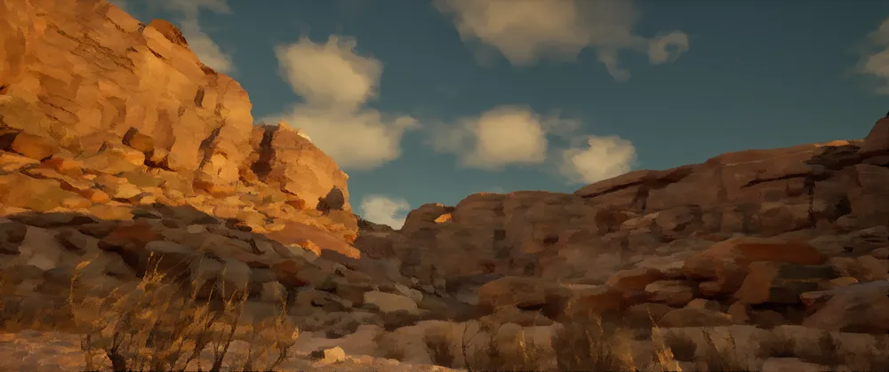 Passenger — a canyon rendered with an anisotropic Kuwahara painterly shader