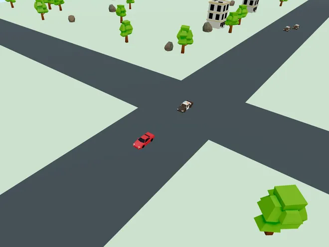 Road Rogue — the getaway car crossing an intersection ahead of a police car