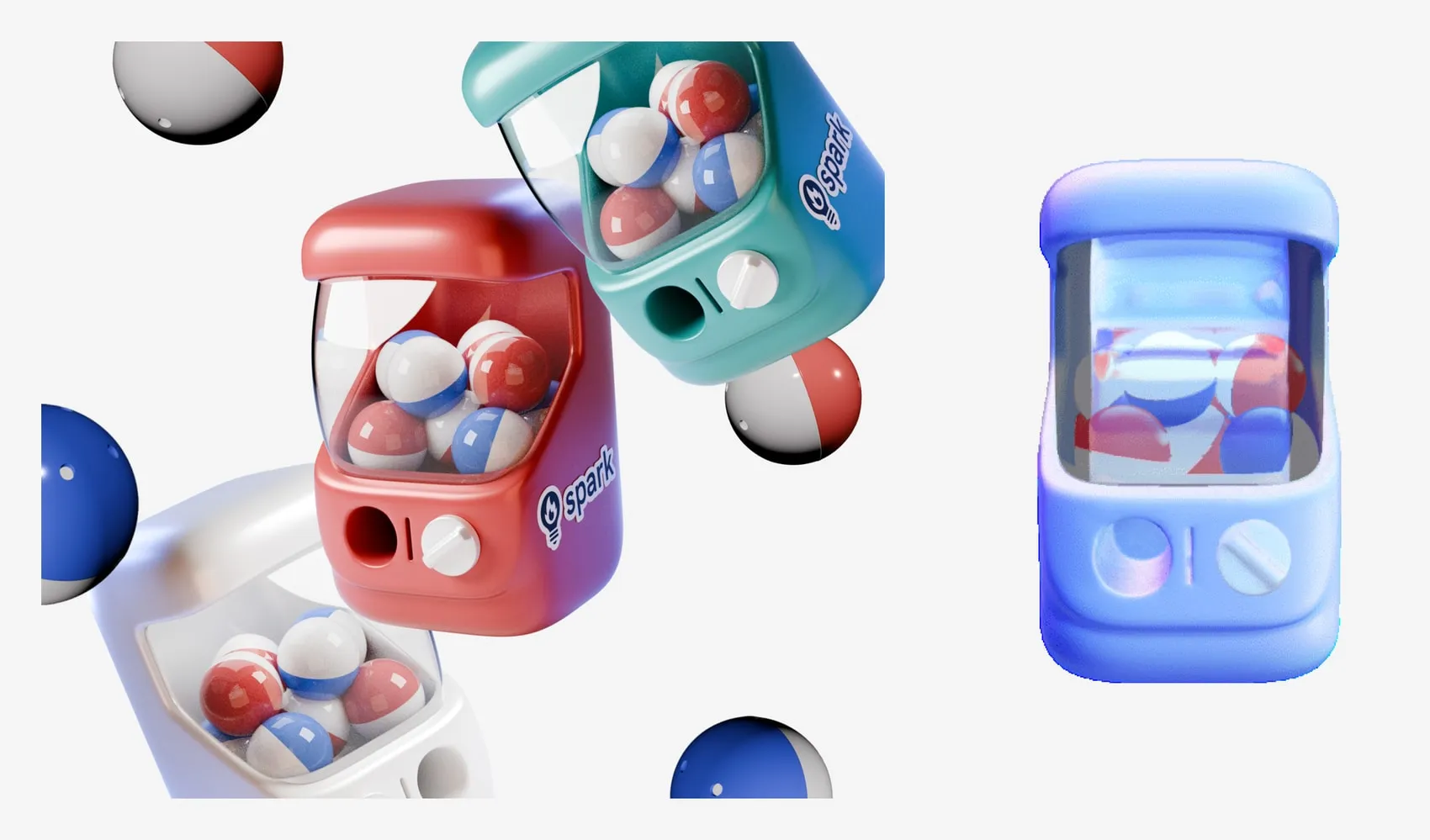 The 3D design process: gachapon machines modelled in Blender, and a single capsule rebuilt in Spline