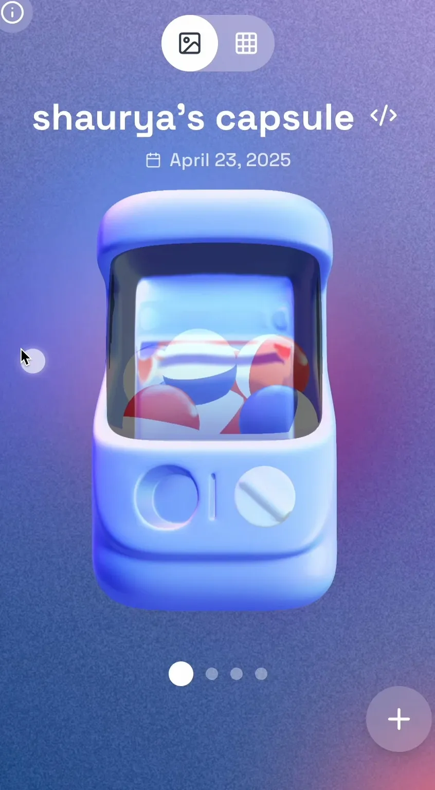 The dashboard, showing a user's capsules with their names and opening dates